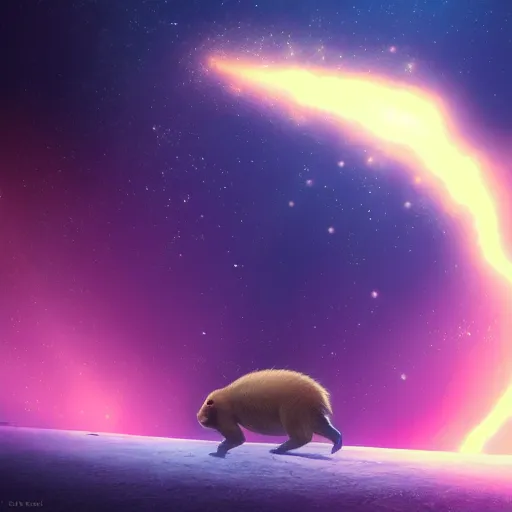 Prompt: capybara floating through a nebula, Makoto Shinkai style detailed with volumetric lighting