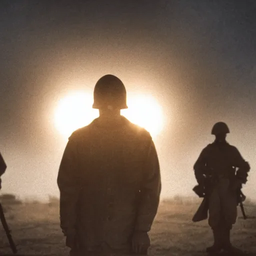 Image similar to cinematic photo of Hooded innocent man, his hands are tied behind his back, he is standing 20 feet from a line of military men with their rifles pointed at him, firing squad, award winning, golden hour