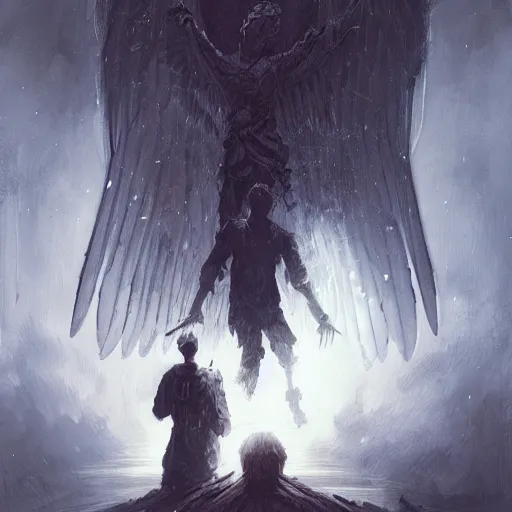 Image similar to angel protecting man, detailed intricate ink illustration, dark atmosphere, detailed illustration, hd, 4k, digital art, overdetailed art, by greg rutkowski, by loish, complementing colors, Trending on artstation, deviantart