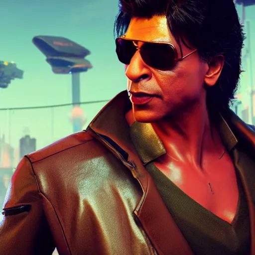 Image similar to full-frame of Shah Rukh Khan, wearing a brown leather-jacket, as a character from Cyberpunk 2077, looking at camera, intricate, sci-fi, extremely detailed, in the background cyperpunk-2077-city, concept art, artstation