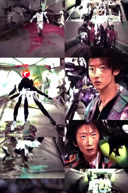Prompt: toshiki inoue writing the worst episode of kamen rider you've ever watched, crying and screaming and throwing up, bad writing, photorealistic, colorful, rainbow, kawaii, low angle photo, fish eye lens, blood, robots