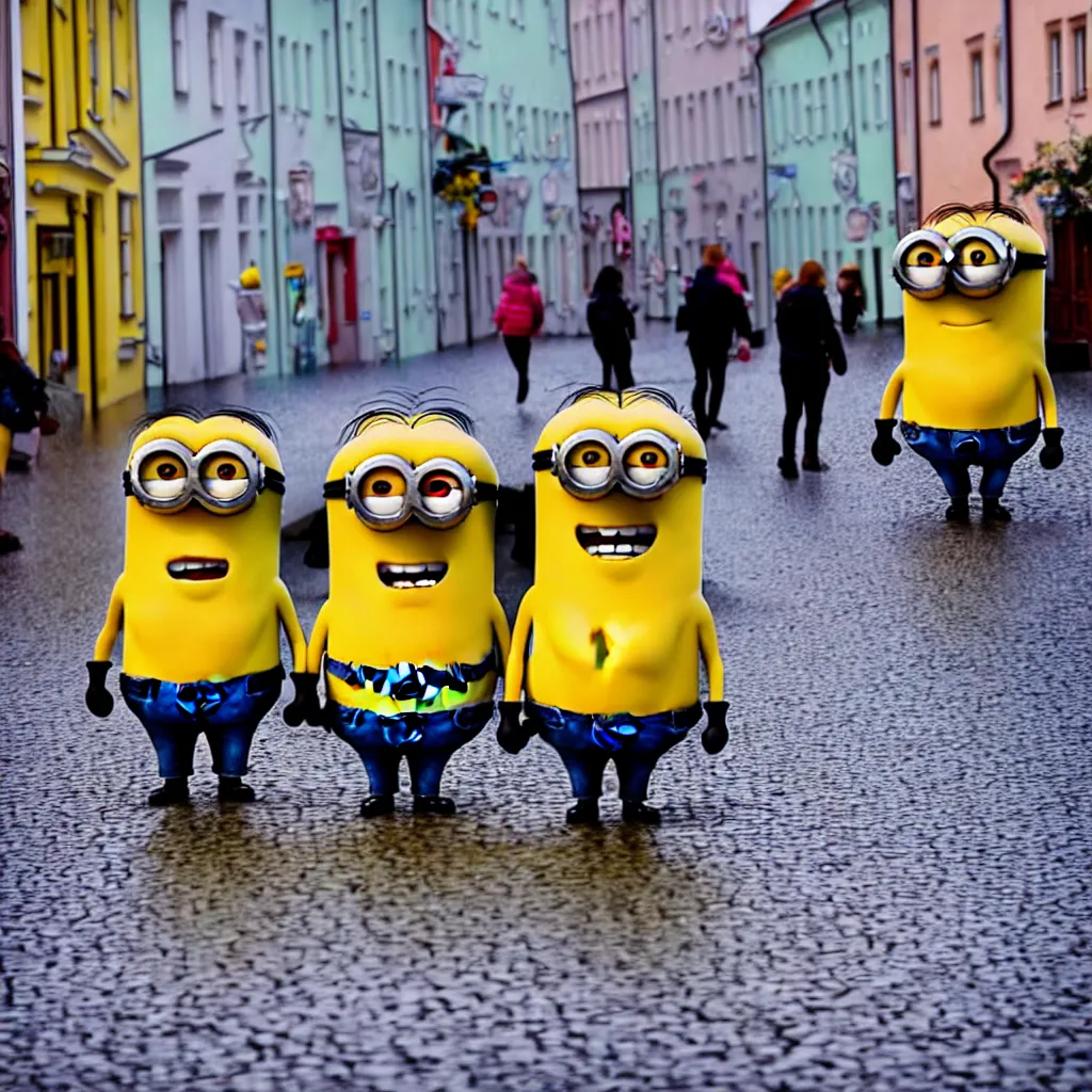 Image similar to minions hanging around in the streets of Tallinn, capital of estonia, while the city is suffering from floods from the sea due to climate change in the year 2100, the citizens of Tallinn are shocked, street photography, ultra detailed, 40mm focal lense, flash at noon, 8k,