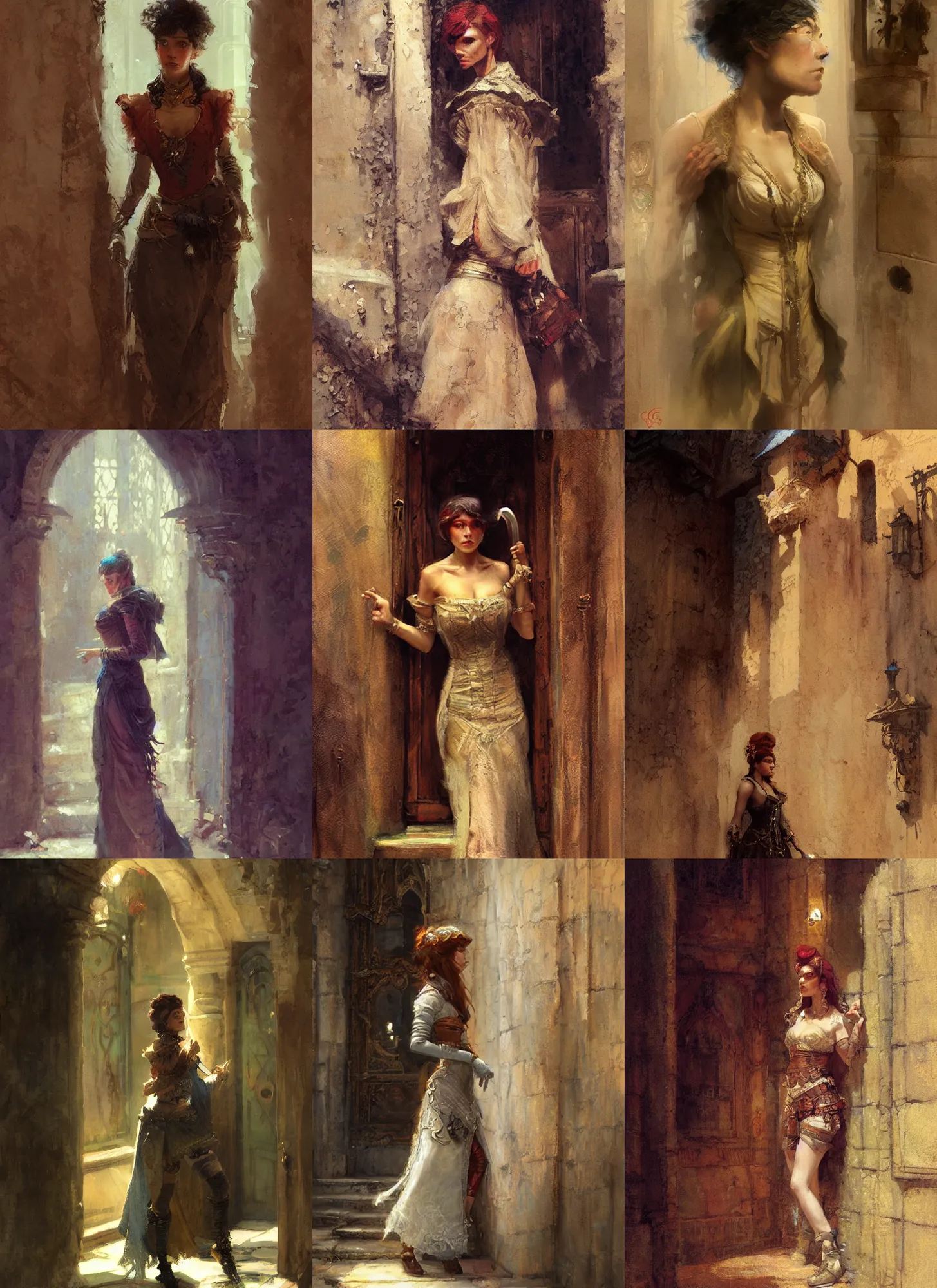 Image similar to a scrappy renaissance thief woman, looking around a corner, fantasy character portrait by gaston bussiere, craig mullins, greg rutkowski