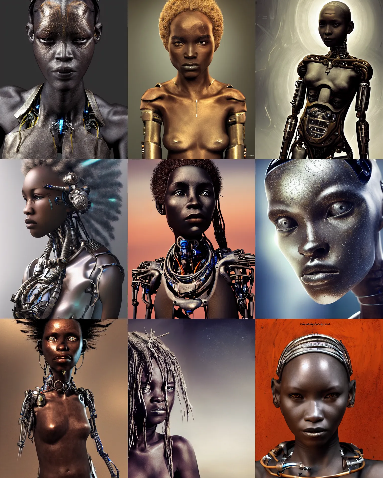 Prompt: futuristic himba young woman, cybernetic eye, mechanical limbs, metallic hair, the expanse concept art, realistic, dramatic lighting, intricate, depth of field, upper body
