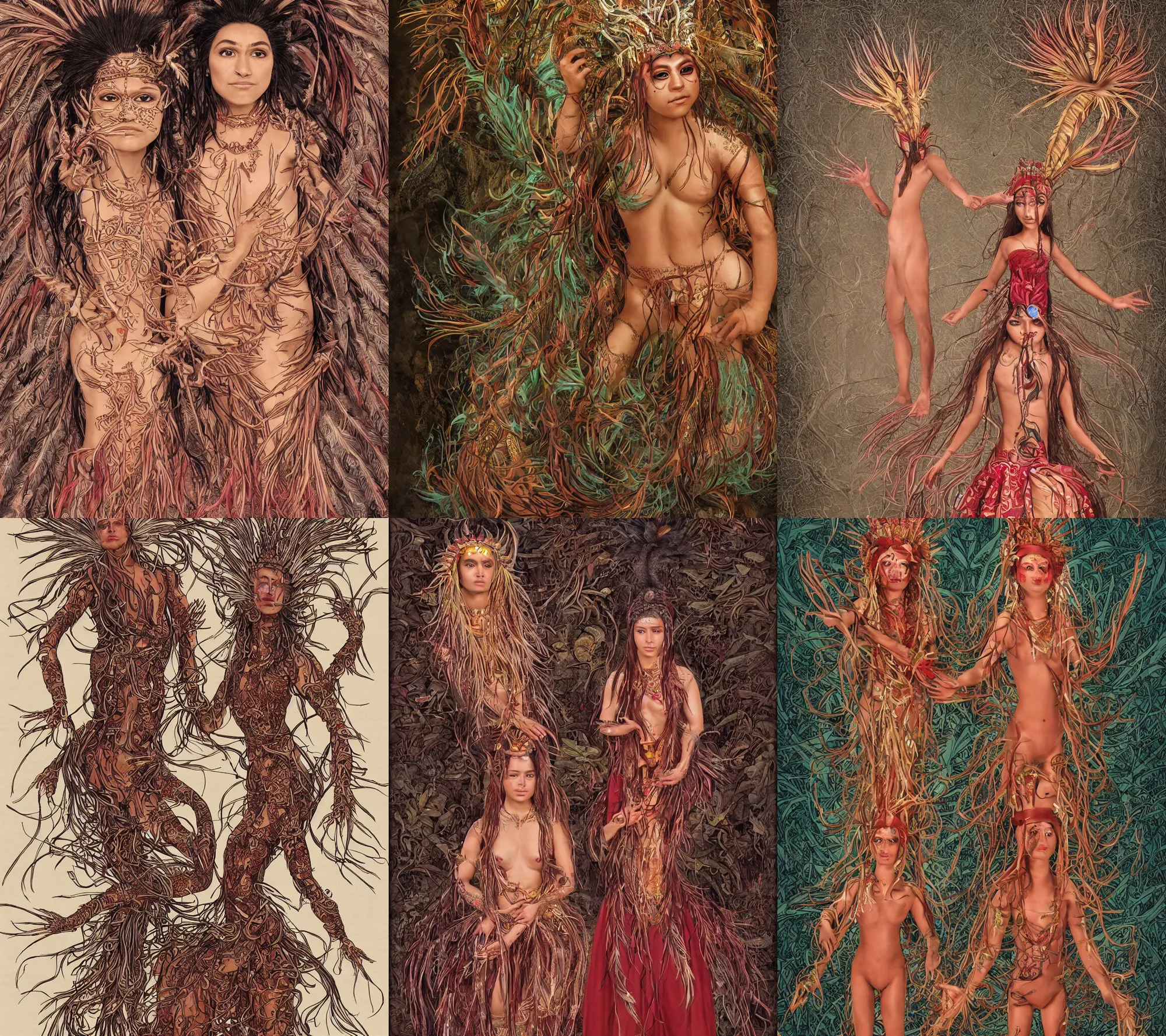 Prompt: cuaxolotl, is a beautiful young indigenous mexican woman, she appears as the fire goddess and the fertility goddess. a a beautiful young indigenous mexican princess. shiny quetzal feathers, intricate 8 k detail, techno artwork, vesalius anatomy, rubberhose animation character style, dance photography sofie dossi jordan matter, dressed as a catholic nun