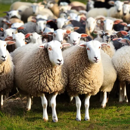 Prompt: a 4k photo of sheep herd looking closely to the lens