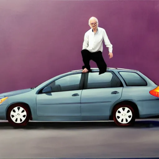 Prompt: larry david standing on top of prius, painting