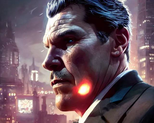 Image similar to highly detailed portrait of josh brolin as bruce wayne, in batman : arkham knight, stephen bliss, unreal engine, fantasy art by greg rutkowski, loish, rhads, ferdinand knab, makoto shinkai and lois van baarle, ilya kuvshinov, rossdraws, tom bagshaw, global illumination, radiant light, detailed and intricate environment