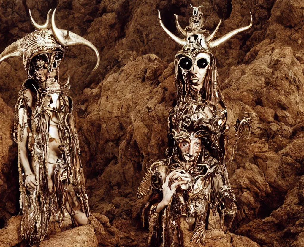 Image similar to portrait of salvador dali wearing a horned crown and costume with jewels in a dry rocky desert landscape, alien spaceship by giger, film still from the movie by alejandro jodorowsky with cinematogrophy of christopher doyle and art direction by hans giger, anamorphic lens, kodakchrome, very detailed photo, 8 k