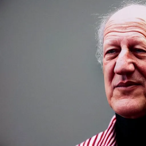 Prompt: werner herzog wearing a where's wally red and white striped turtleneck top. realistic photo.