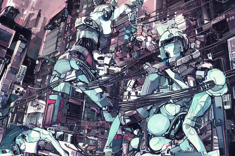 Image similar to a cyberpunk illustration of a group of coherent female androids in style of masamune shirow, lying on an empty, white floor with their bodies broken scattered rotated in different poses and cables and wires coming out, by yukito kishiro and katsuhiro otomo, hyper-detailed, intricate