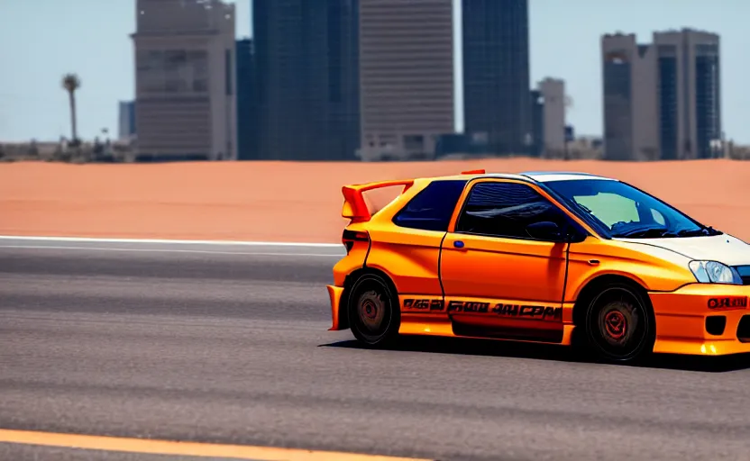 Image similar to photograph of a cell-shaded orange itasha Honda EK9 Type-R, speeding on a desert road with a futuristic city in the horizon, kicking up dirt, action shot, one point perspective, 1-point perspective, sigma 85mm f/1.4, 4k, depth of field, high resolution, 4k, 8k, hd, full color