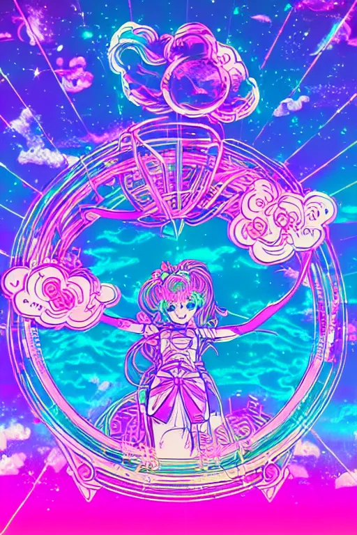 Image similar to retro vaporwave pastelpunk celestialcore gradient synth wave cloud ripple wireframe visualizer, sailormoon manga illustration