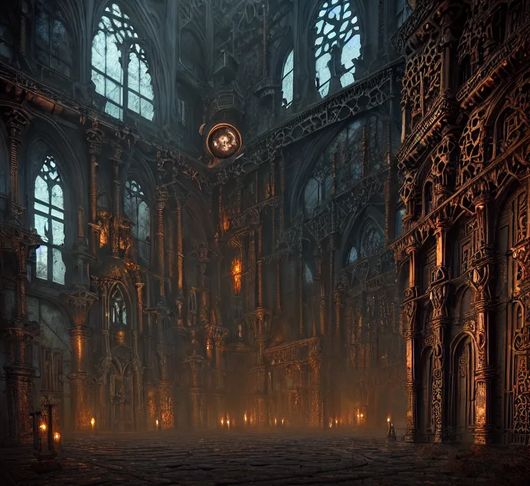 Image similar to steam necropolis, memento mori, gothic, neo - gothic, art nouveau, hyperdetailed copper patina medieval icon, stefan morrell, philippe druillet, ralph mcquarrie, concept art, steampunk, unreal engine, detailed intricate environment, octane render, moody atmospherics, volumetric lighting, ultrasharp, ominous, otherworldly