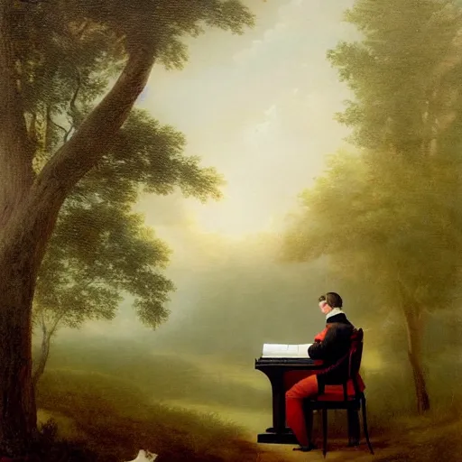 Image similar to an impressively euphoric 1 8 0 0 s romanticism - inspired oil painting depicting a man playing a piano underneath a foggy tree line at dawn inspired by liberty leading the people