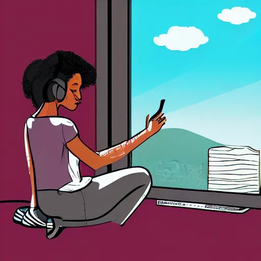 Prompt: black girl, curly hair, with headphones, studyng in bedroom, window with rio de janeiro view, lo-fi illustration style, digital art, alive colors