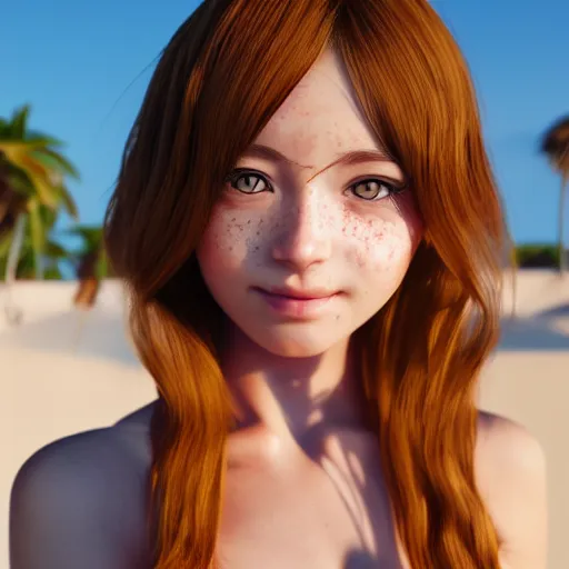 Image similar to Render of a very beautiful anime girl, long hair, hazel eyes, cute freckles, full round face, short smile, cute sundress, golden hour, serene beach setting, medium shot, mid-shot, highly detailed, trending on Artstation, Unreal Engine 4k