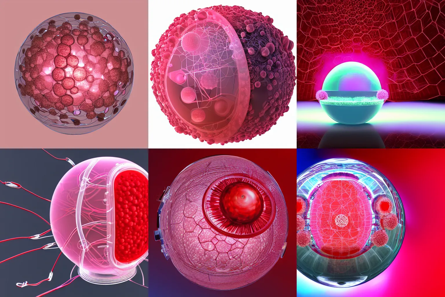 Prompt: big spherical cell with organoids and electronic implants and wires a photorealistic and detailed tesselated hyperbolic rendering with fish-eye effect in light pink and red shades