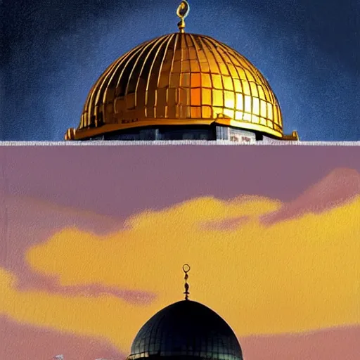 Prompt: a beautiful oil painting flyer design illustration of dome of the rock jerusalem and a muslim is praying to god in front of it, rule of thirds, sunset, highly detailed, perfect lighting, perfect composition, 4 k, artgerm, derek zabrocki, greg rutkowski - h 7 6 8