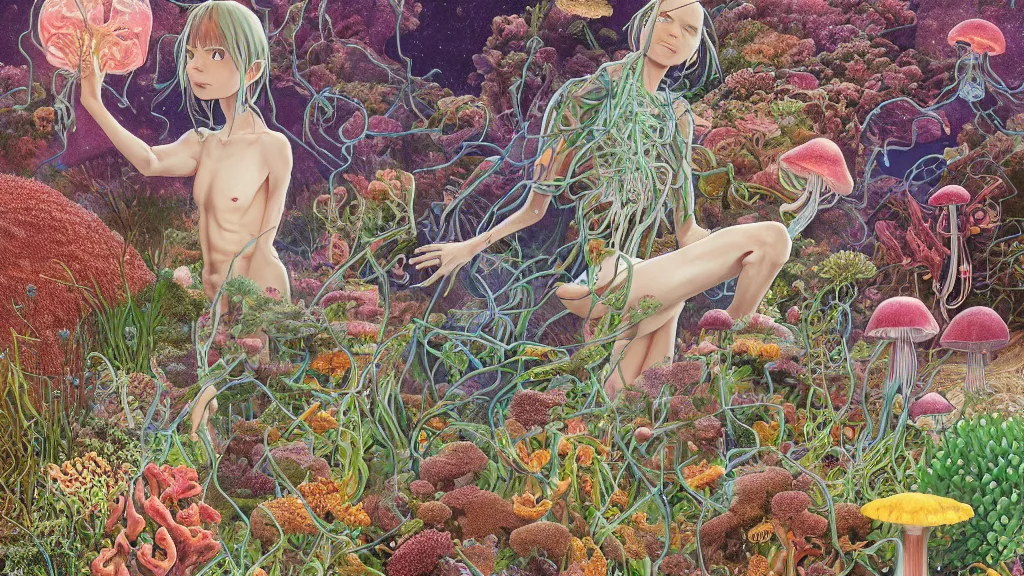 Image similar to highly detailed illustration of an anatomic human with all the known species of plants, flowers, corals, mushrooms and jellyfish by juan gatti, by makoto shinkai, by moebius!, by oliver vernon