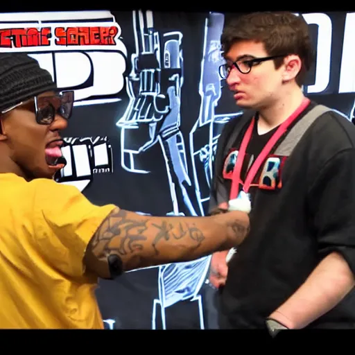 Image similar to a stereotypical nerd rap battles a stereotypical gamer geek at a convention, hd, standoff