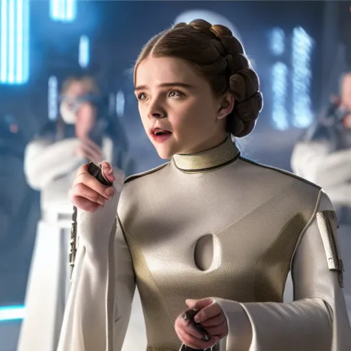 Prompt: Adult Chloe Moretz as Princess Leia, movie scene, XF IQ4, 150MP, 50mm, F1.4, studio lighting, professional, Look at all that detail!, Dolby Vision, UHD