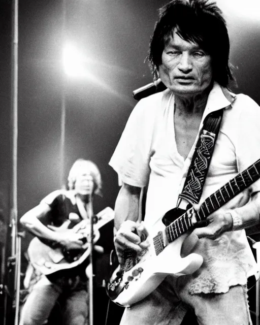 Image similar to sixty years old viktor tsoi with guitar in his hands, photo, microphone, rock concert, black and white, iso 6 0 0, 3 5 mm, codac gold