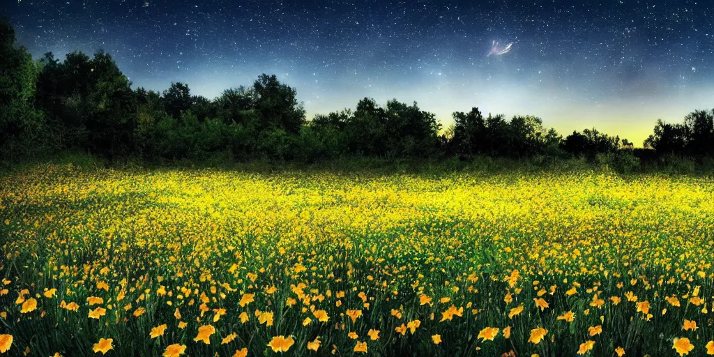 Image similar to a beautiful field of various flowers and fireflies, night, landscape, cozy