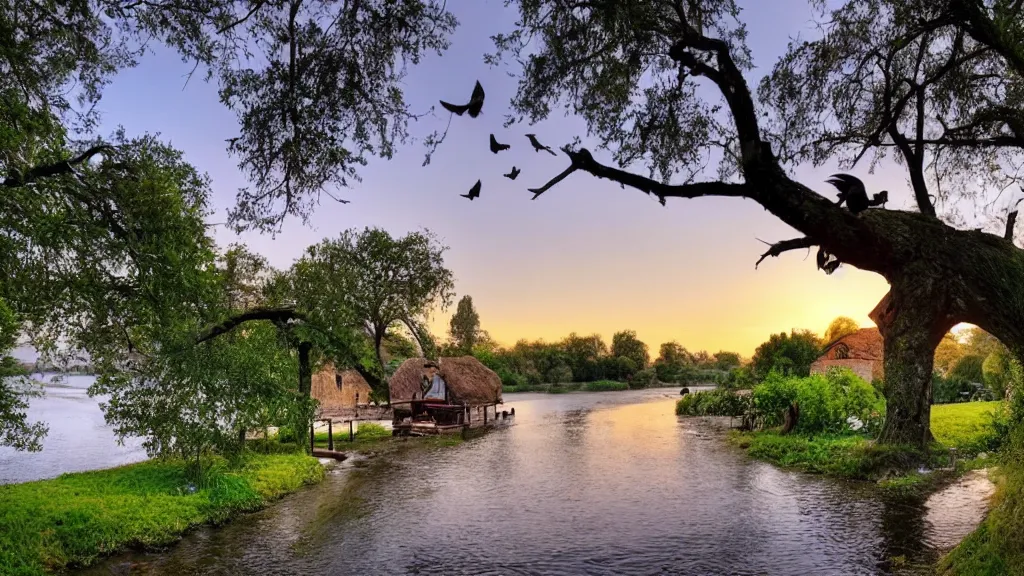 Image similar to small wooden cottage by the river, a tree with vines wrapped around it, two crows on the tree, tranquility, arch stone bridge over the river, an old man riding a horse on the bridge, sunset