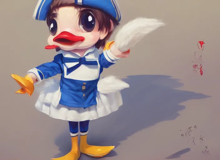 Prompt: award - winning detailed concept art of a cute iconic anthropomorphic little duck character wearing a sailor suit. art by wlop on bcy. net, realistic. detailed feathers, art by cheng yi. artstationhd, artgerm, disney