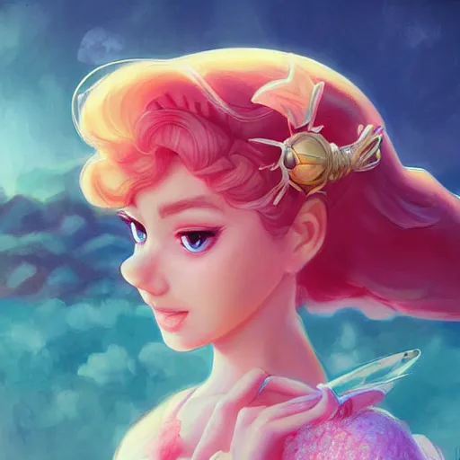 Image similar to a beautiful scenic painting of a beautiful young woman that looks like princess peach by artgerm and wlop and wes anderson and spike jonze