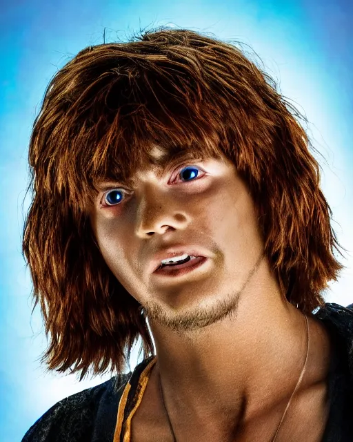 Prompt: dramatically - lit closeup portrait photograph of shaggy from the scooby - doo live - action film ( 2 0 0 2 ), sharp details, vignette, high saturation, smooth textured skin, subsurface scattering, photograph by mark mann and martin schoeller, 4 k, soft focus