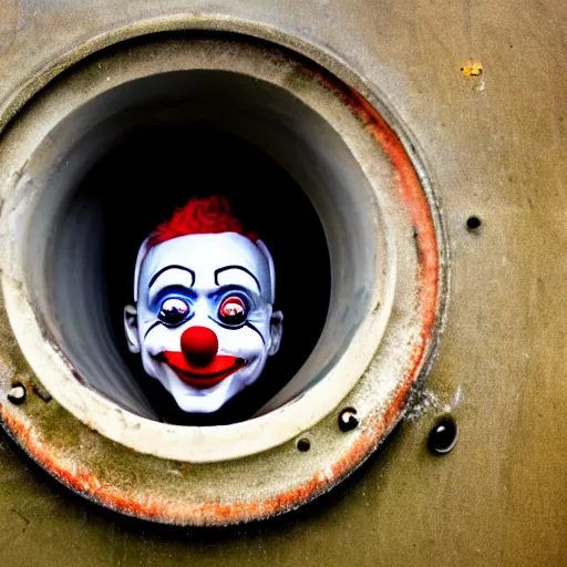 Prompt: clown peeking head out of tank barrel