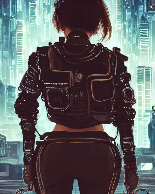 Image similar to detailed portrait guard woman with short brown hair seen from the back, cyberpunk futuristic, reflective puffer jacket, black leggings, decorated with traditional ornaments in front of a dystopian crowd with piles of garbage perfect face, fine details, realistic shaded, fine - face, pretty face by rossdraws