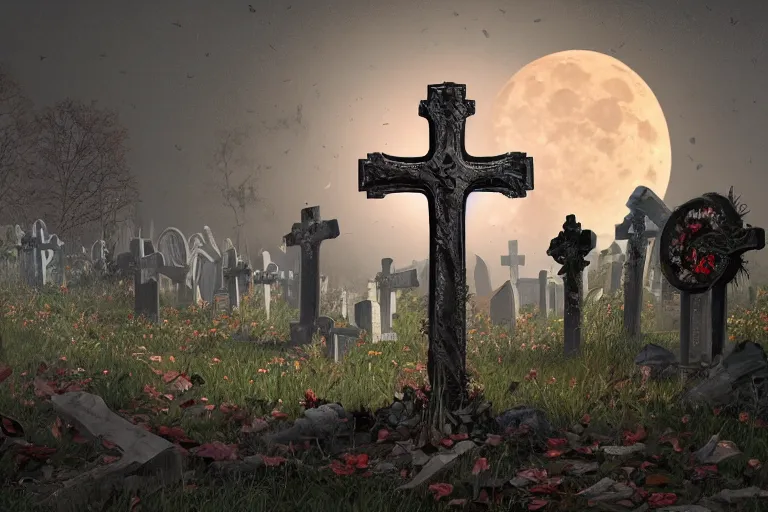 Image similar to an ultra detailed animation of a cross in a graveyard at midnight on halloween, digital art, dark fantasy, concept art, soulslike, by alphonse mucha, blood moon eclipse, ruined building in the background, artstation, 8 k, unreal engine render