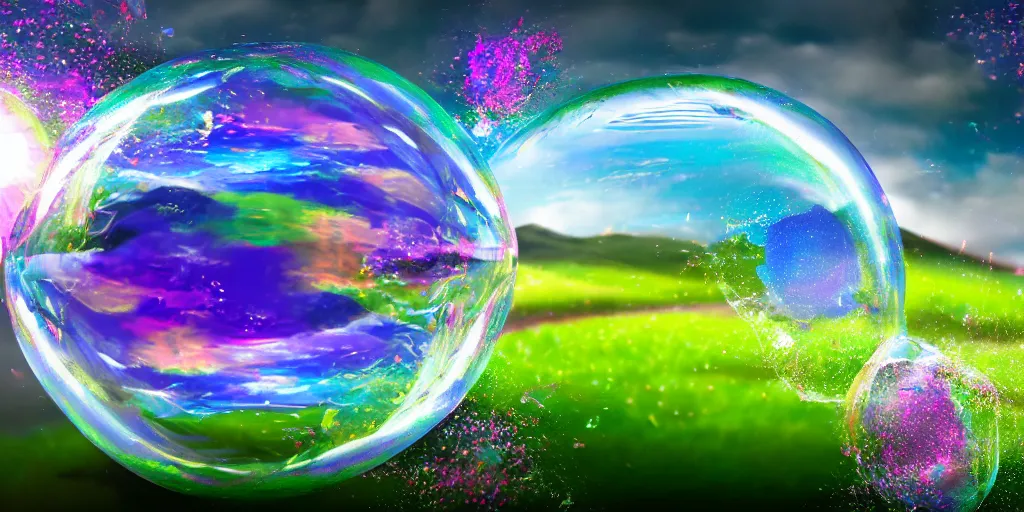 Prompt: a highly detailed 4 k photograph of the windows xp bliss wallpaper inside of a giant floating soap bubble, abstract, award winning photoshop creation h 5 7 6