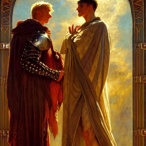 Image similar to stunning arthur pendragon in love with stunning male merlin the mage. they are close to each other. highly detailed painting by gaston bussiere, craig mullins, j. c. leyendecker