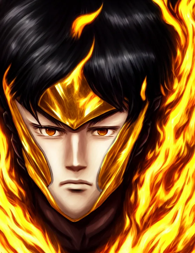 Prompt: a detailed manga portrait of a black haired man with hazel eyes in gleaming golden armour that burns with golden fire, trending on artstation, digital art, 4 k resolution, detailed, high quality, sharp focus, hq artwork, coherent, insane detail, character portrait