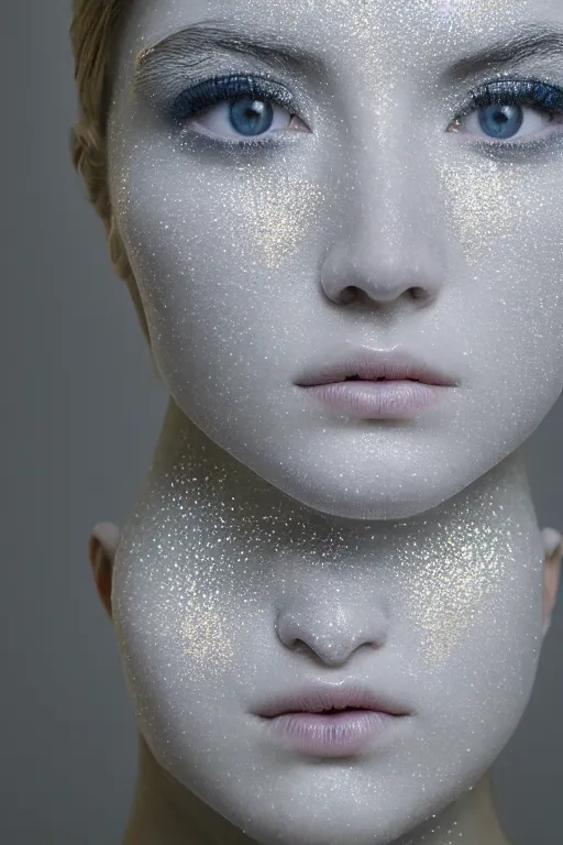 Prompt: full head and shoulders, beautiful porcelain female person, large electrical gold sparks, glowing lightening, delicate facial features, white detailed eyes, white lashes, on black background, by daniel arsham and james jean