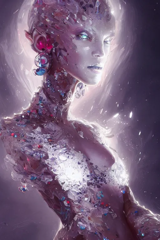 Prompt: torso closeup model wearing exploding crystal white dress, sorcerer, diamonds, angel, fantasy, dramatic lighting, highly detailed, digital painting, holding electricity, magic the gathering, hyper detailed, 3 d render, hyper realistic detailed portrait, peter mohrbacher, wlop, ruan jia