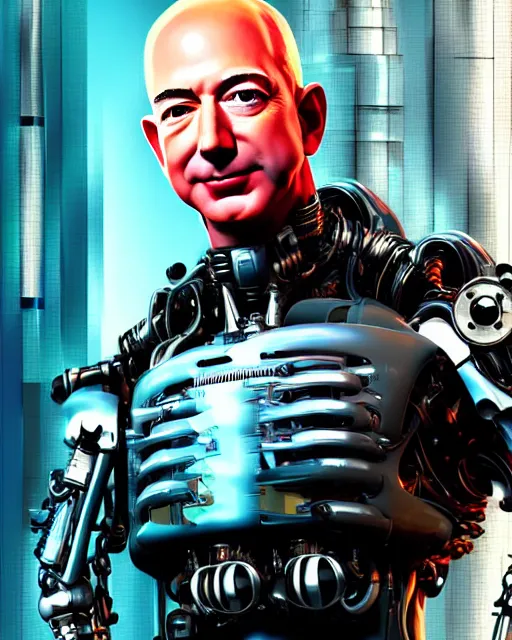 Image similar to portrait of Jeff Bezos as a sophisticated and intricate biomechanical Terminator, fantasy cyberpunk, Unreal Engine, hyper detailed, cinematic post-processing