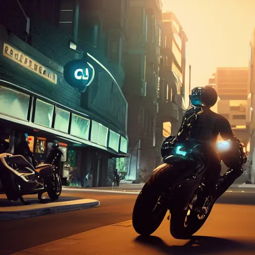 Prompt: a cybernetic robot driving a futuristic cafe racer motorcycle through dark and moody city streets, unreal engine 5 render, 8 k, ultra - detailed, photorealistic