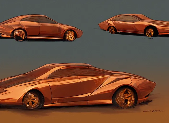 Image similar to copper color paint car designed by dmc and gmc, concept art style by john berky and liam wong and michael whelan.