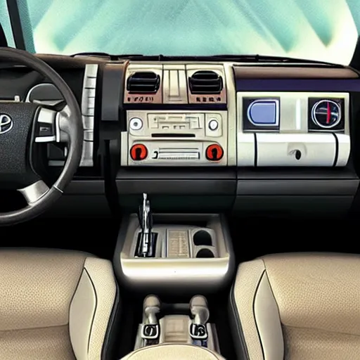 Prompt: cassette futurism Toyota tacoma interior, photo realistic