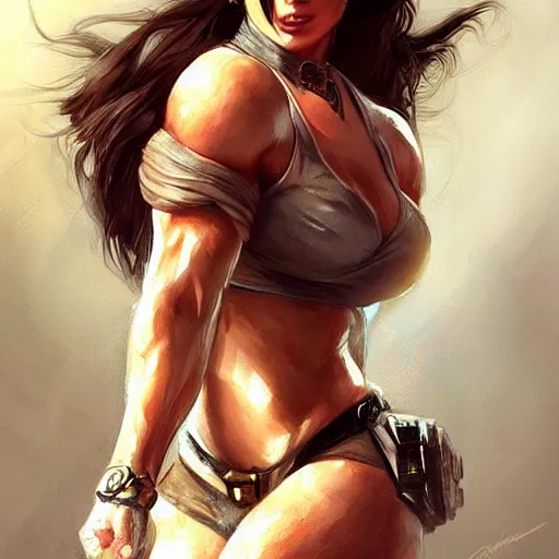 Image similar to portrait of a beautiful female bodybuilder lara croft with plump lips, elegant, fantasy, hd shot, digital portrait, beautiful, artstation, comic style, by artgerm, guy denning, jakub rozalski, magali villeneuve and charlie bowater