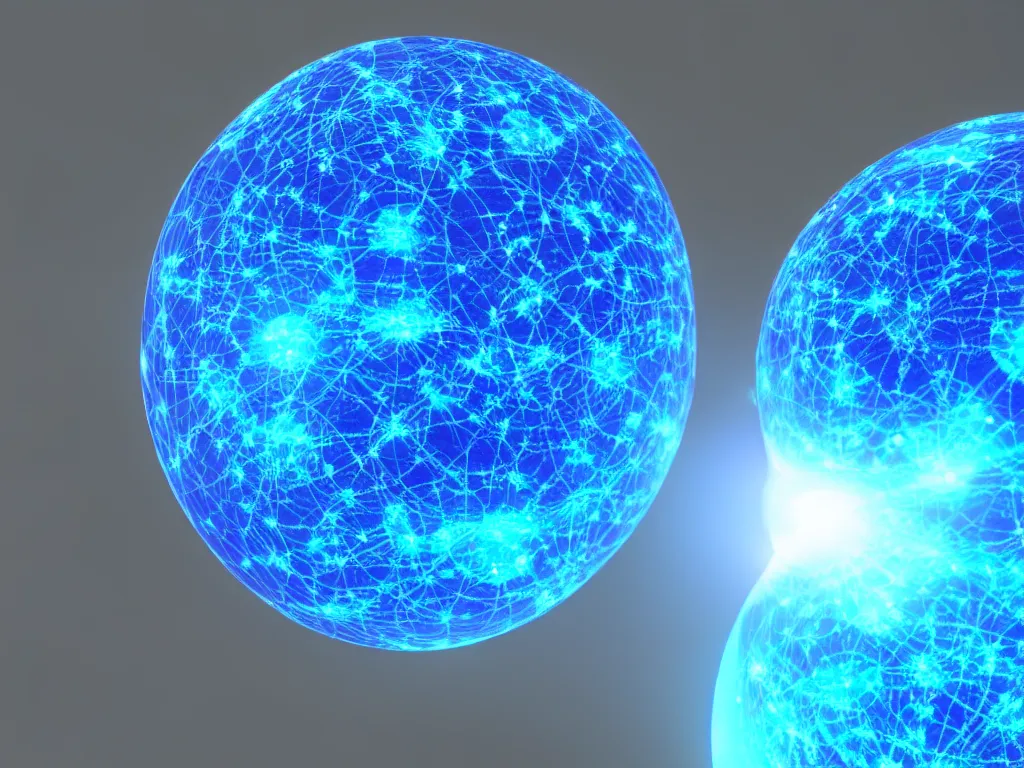 Prompt: a spherical blue hologram contraining atomic particles and a nuclear reaction. Octane renderer, artstation, extremely high details