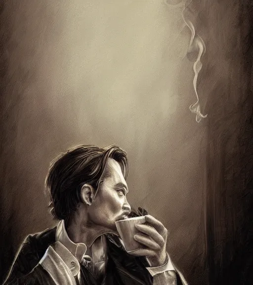 Image similar to Portrait of Johny Depp drinking coffee, in the park, charchoal drawing, dimly lit, wispy smoke, intricate, highly detailed, digital painting, artstation, concept art, sharp focus, illustration, art by einar jonsson