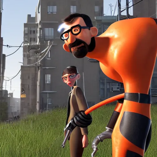 Prompt: pixar half - life 2 movie featuring gordon freeman and alyx vance