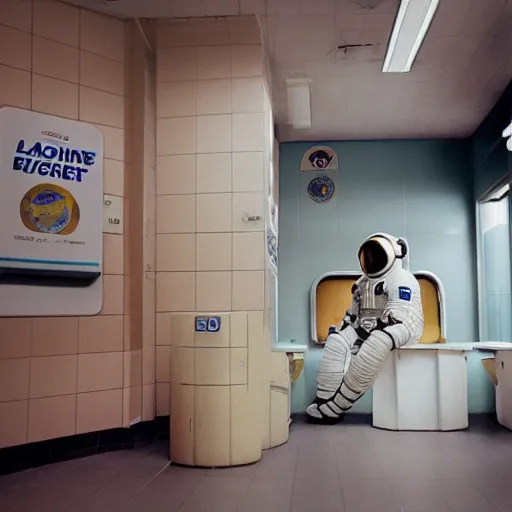 Image similar to a beautiful photo of an astronaut waiting in a laundromat, 1970', soft light, morning light, photorealistic, realistic, octane, 8k, cinematic shot