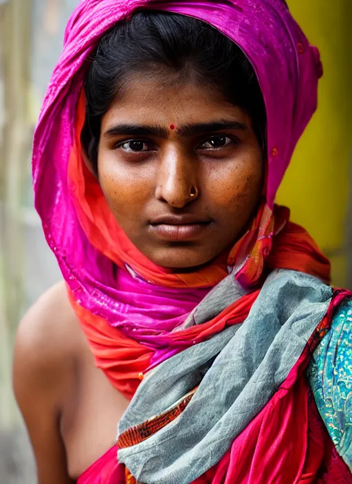 Prompt: Mid-shot portrait of a beautiful 20-year-old woman from India in her traditional get-up, candid street portrait in the style of Martin Schoeller award winning, Sony a7R